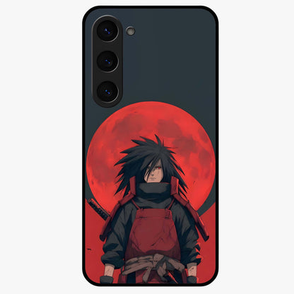 Crimson Moon Warlord Glass Case showing flat back view with mystical moon warrior artwork and glossy glass finish.