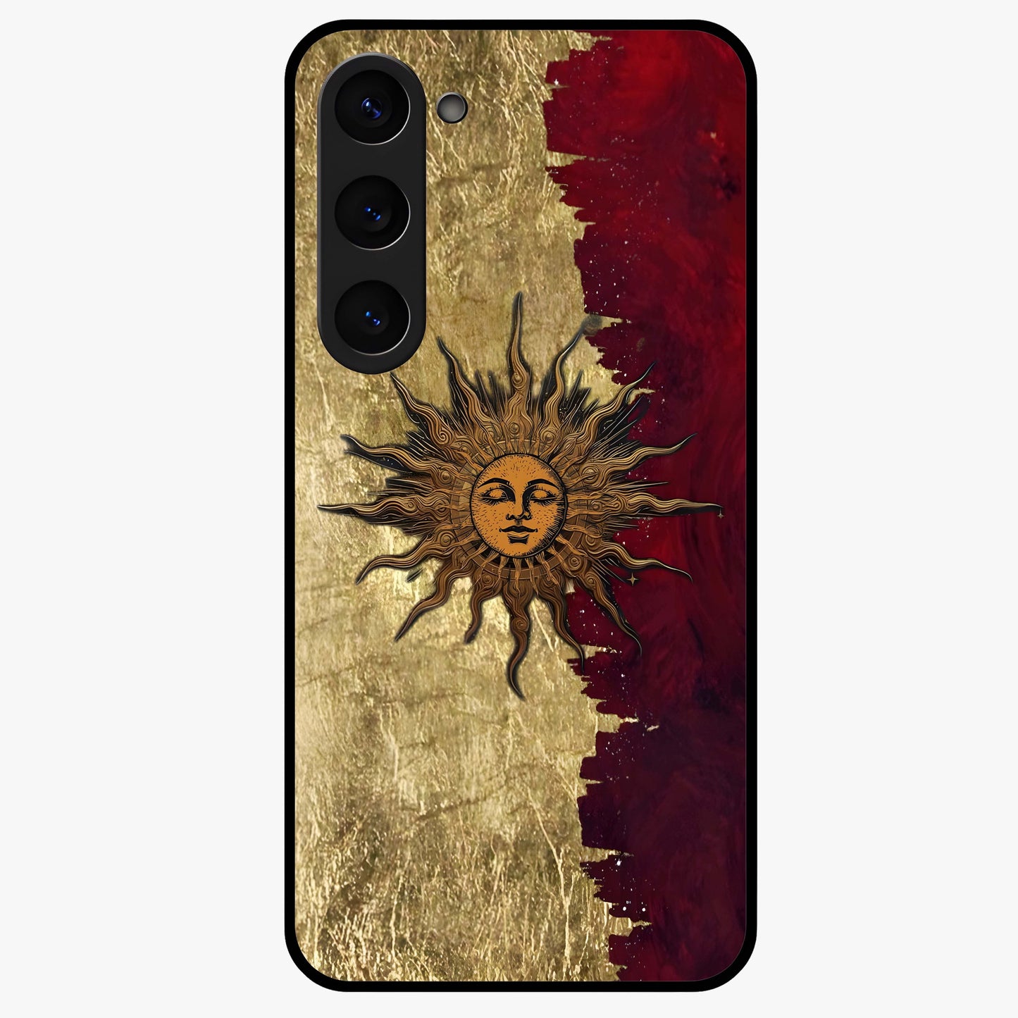 Crimson Sun Majesty Glass Case showing flat back view with radiant sun inspired artwork and glossy glass finish.