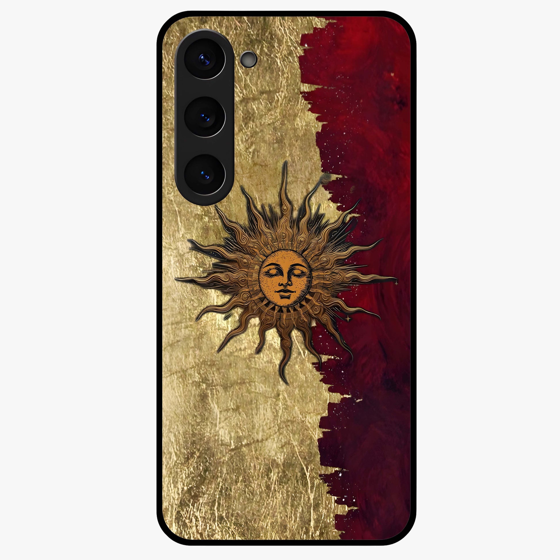 Crimson Sun Majesty Glass Case showing flat back view with radiant sun inspired artwork and glossy glass finish.