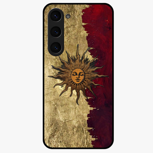 Crimson Sun Majesty Glass Case showing flat back view with radiant sun inspired artwork and glossy glass finish.
