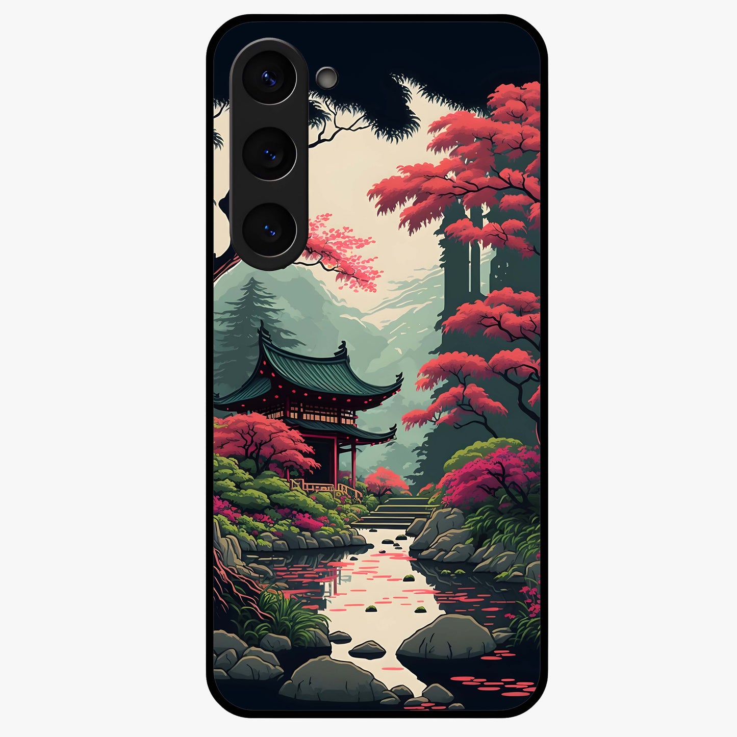 Crimson Temple View Glass Case showing flat back view with temple inspired artwork and glossy glass finish.
