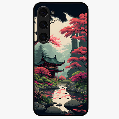 Crimson Temple View Glass Case showing flat back view with temple inspired artwork and glossy glass finish.