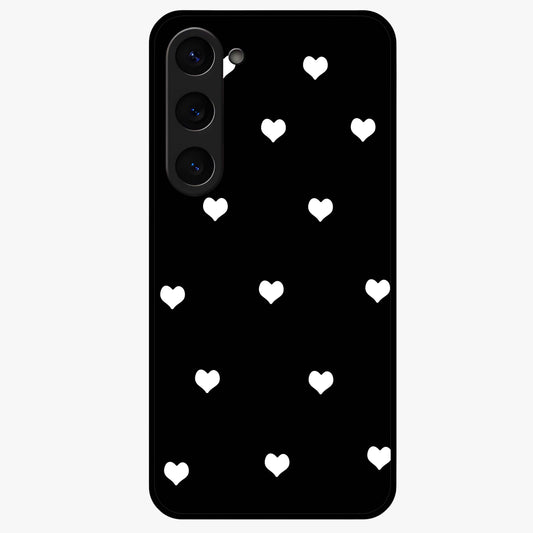 Cute And Simple White Hearts Glass Case showing flat back view with minimal white heart pattern and glossy glass finish.