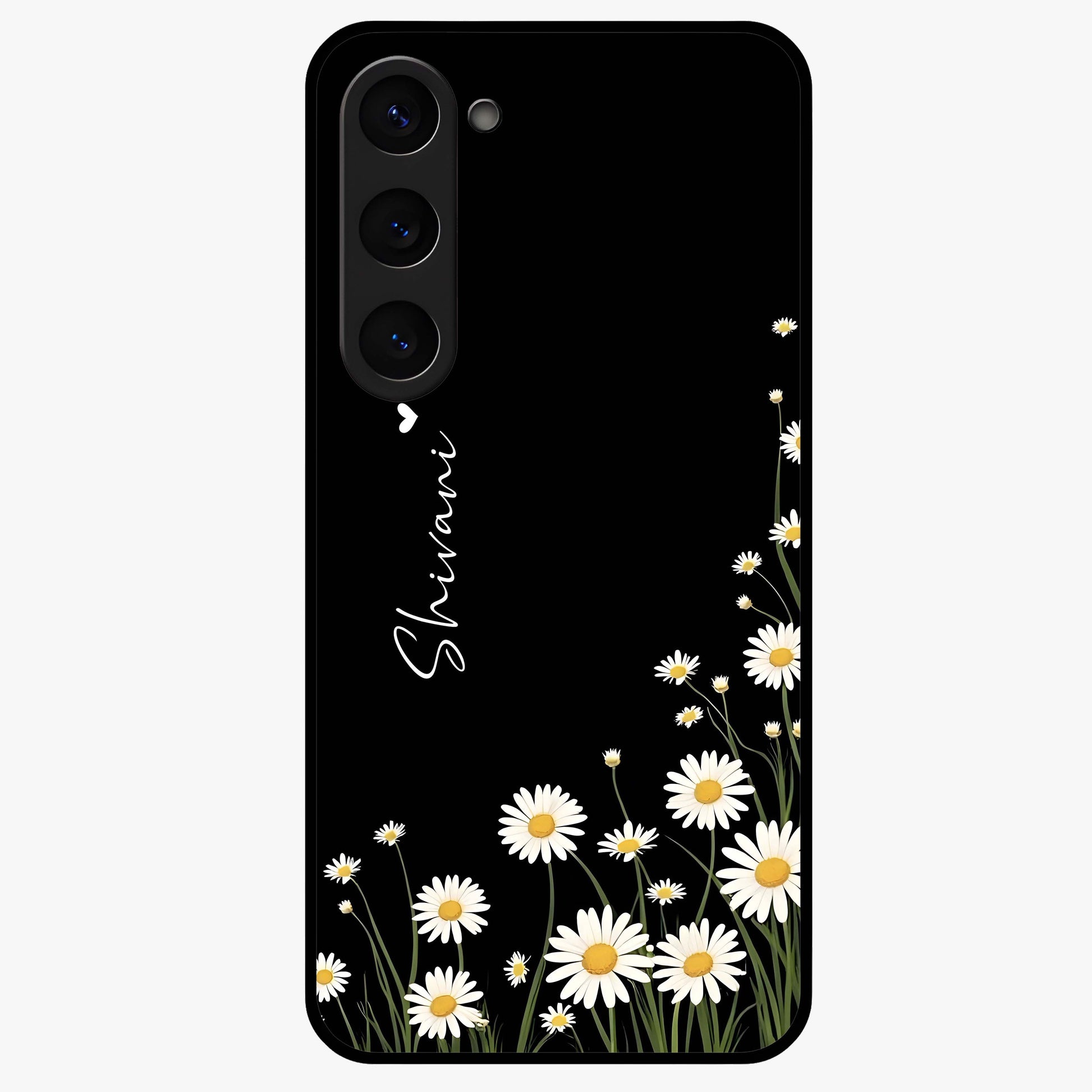 Daisy Cascade Custom Name Glass Case showing flat back view with cascading daisy flowers and personalized name design.