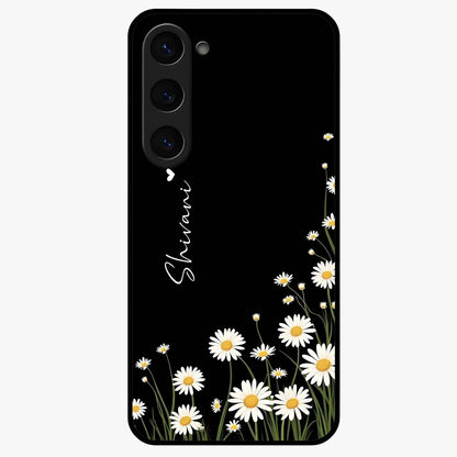 Daisy Cascade Custom Name Glass Case showing flat back view with cascading daisy flowers and personalized name design.