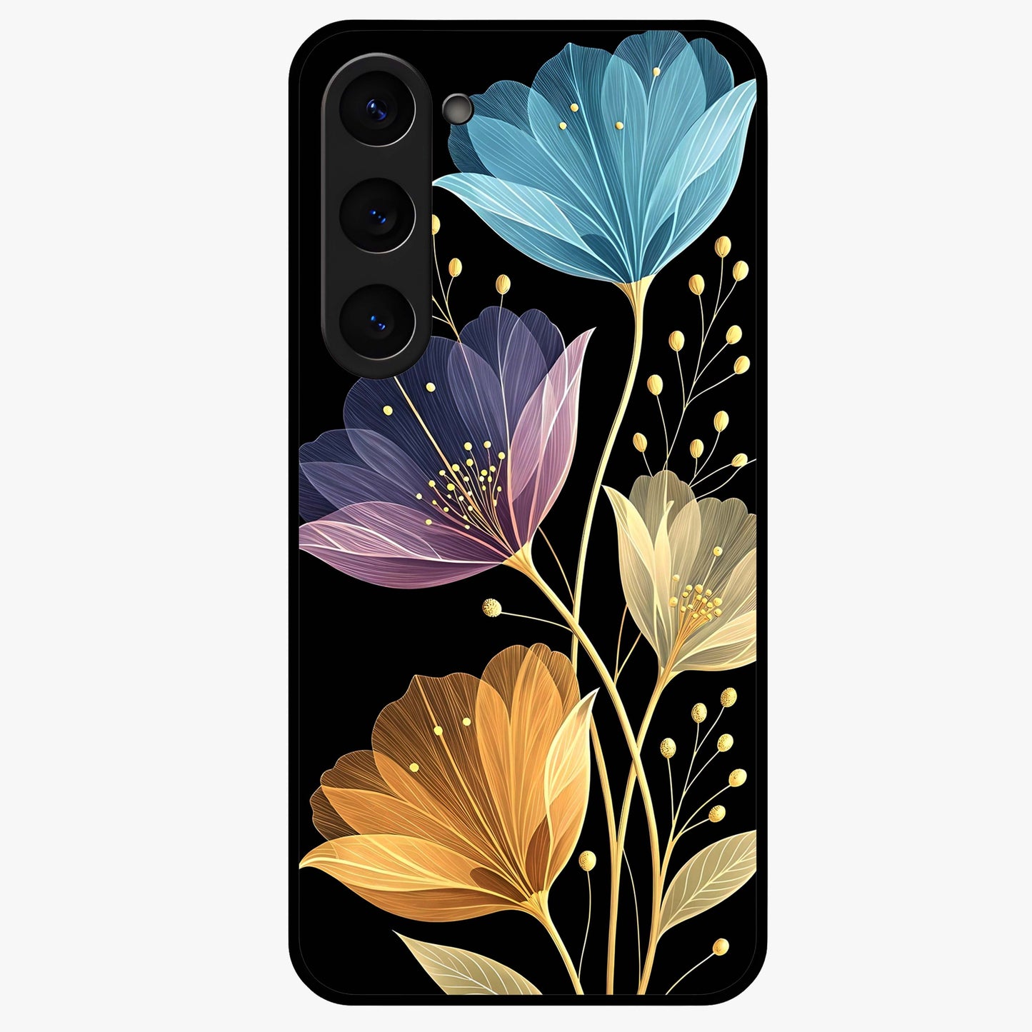 Delicate Multicolor Flowers Glass Case showing flat back view with vibrant floral artwork and glossy glass finish.
