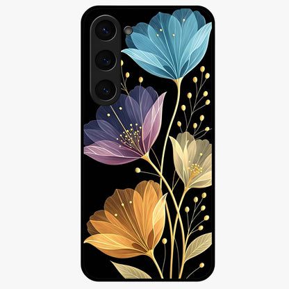 Delicate Multicolor Flowers Glass Case showing flat back view with vibrant floral artwork and glossy glass finish.