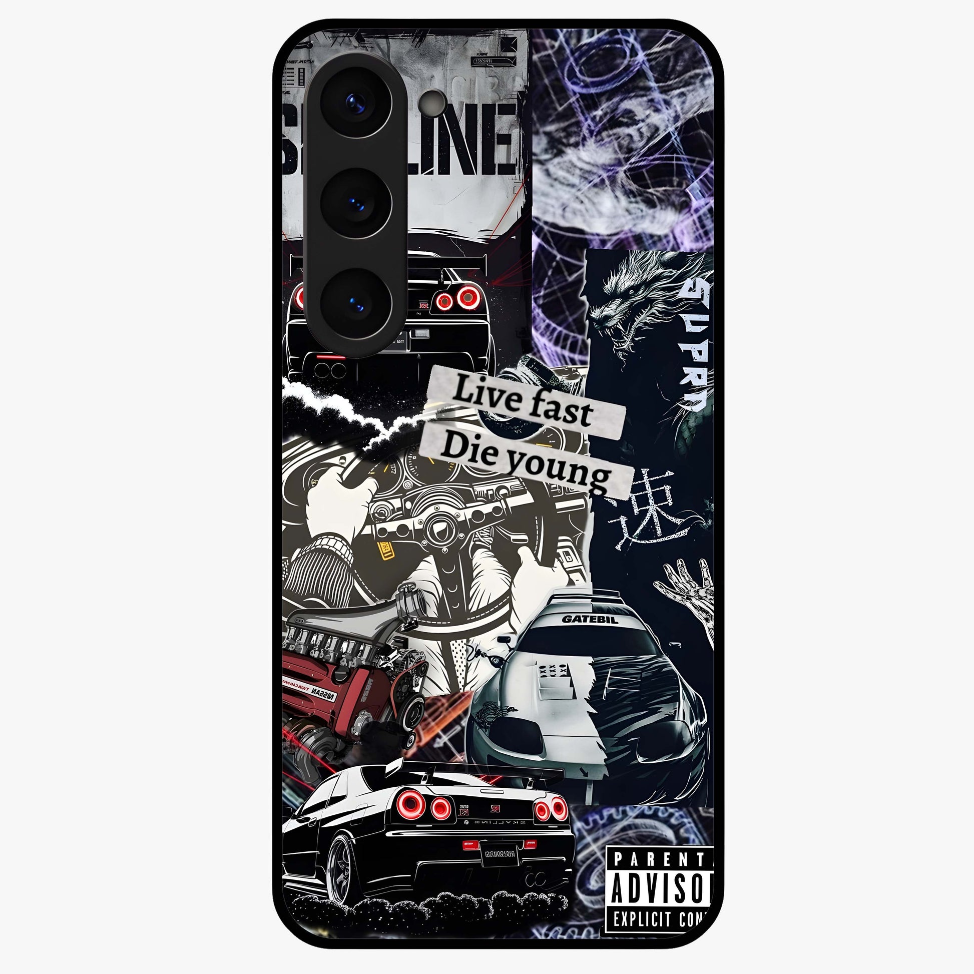 Die Young Glass Case showing flat back view with bold artistic typography design and glossy glass finish.