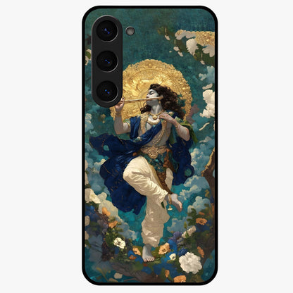 Divine Krishna Art Glass Case showing flat back view with Lord Krishna artwork and glossy glass finish.