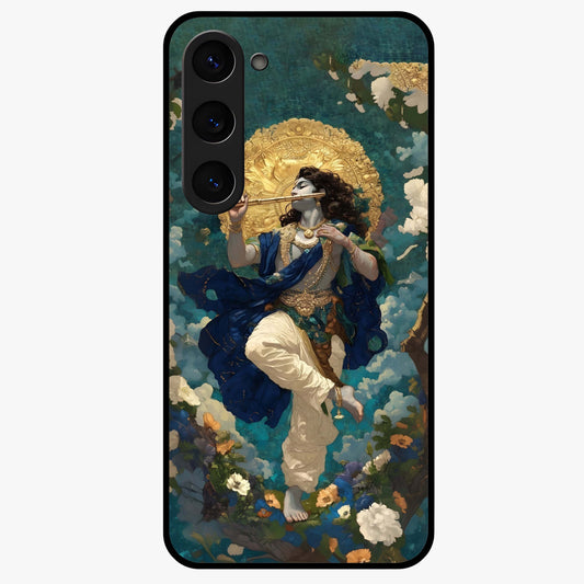 Divine Krishna Art Glass Case showing flat back view with Lord Krishna artwork and glossy glass finish.