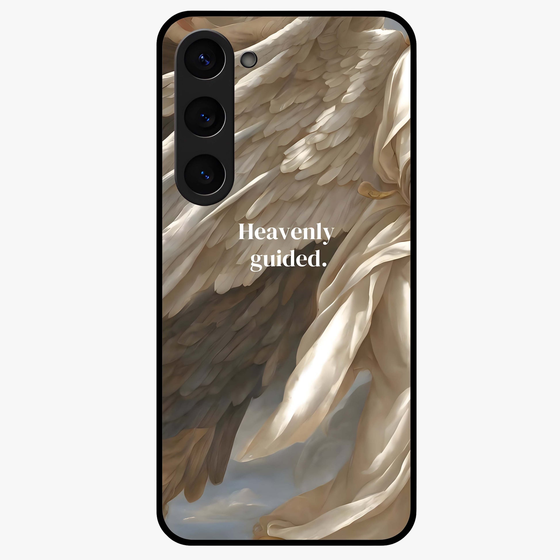 Divine Winged Grace Glass Case showing flat back view with elegant wing inspired artwork and glossy glass finish.