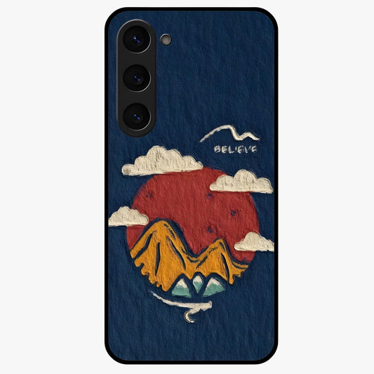 Dream Beyond Mountains Glass Case showing flat back view with scenic mountain landscape artwork and glossy glass finish.