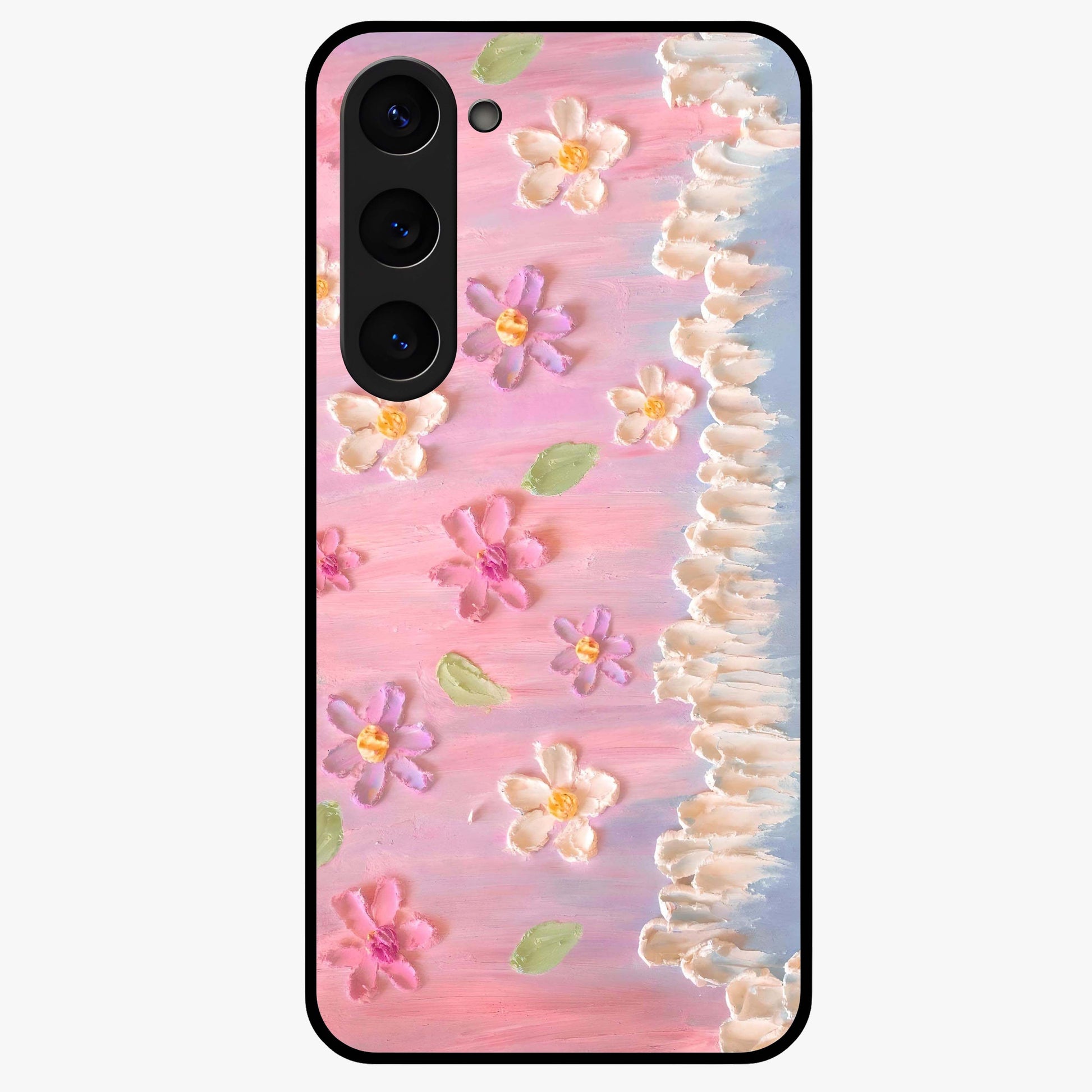 Dreamy Painted Garden Glass Case showing flat back view with artistic painted floral garden artwork and glossy glass finish.
