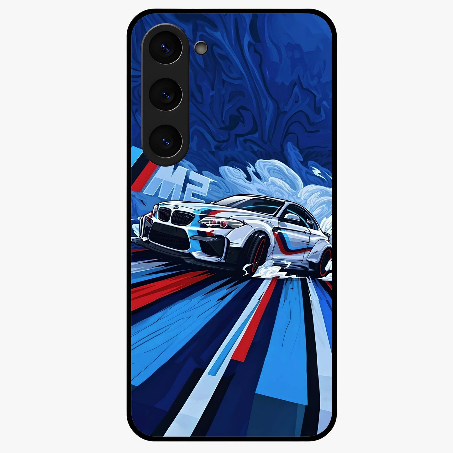 Drift Power Rush Glass Case showing flat back view with dynamic racing inspired artwork and glossy glass finish.