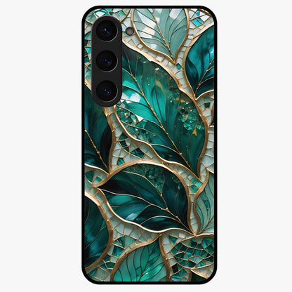 Emerald Leaf Glass Glass Case showing flat back view with emerald green leaf artwork and glossy glass finish.