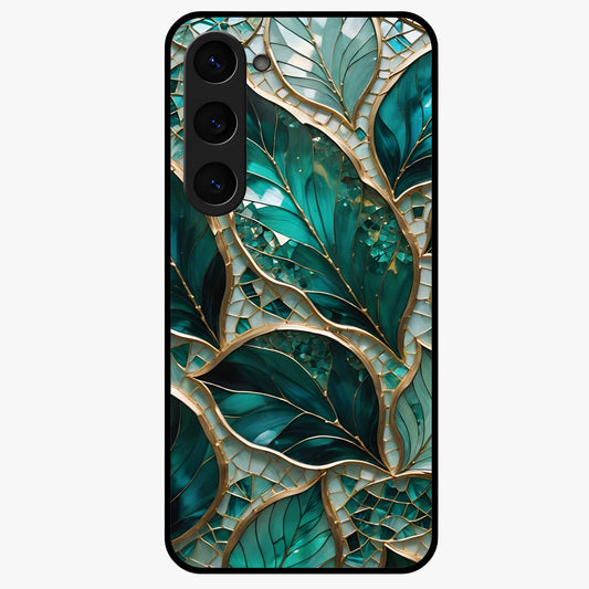 Emerald Leaf Glass Glass Case showing flat back view with emerald green leaf artwork and glossy glass finish.