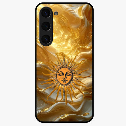 Eternal Golden Glow Glass Case showing flat back view with radiant golden themed artwork and glossy glass finish.
