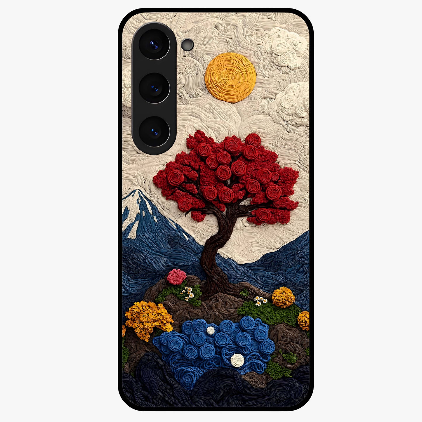 Eternal Nature Tapestry Glass Case showing flat back view with intricate nature tapestry artwork and glossy glass finish.