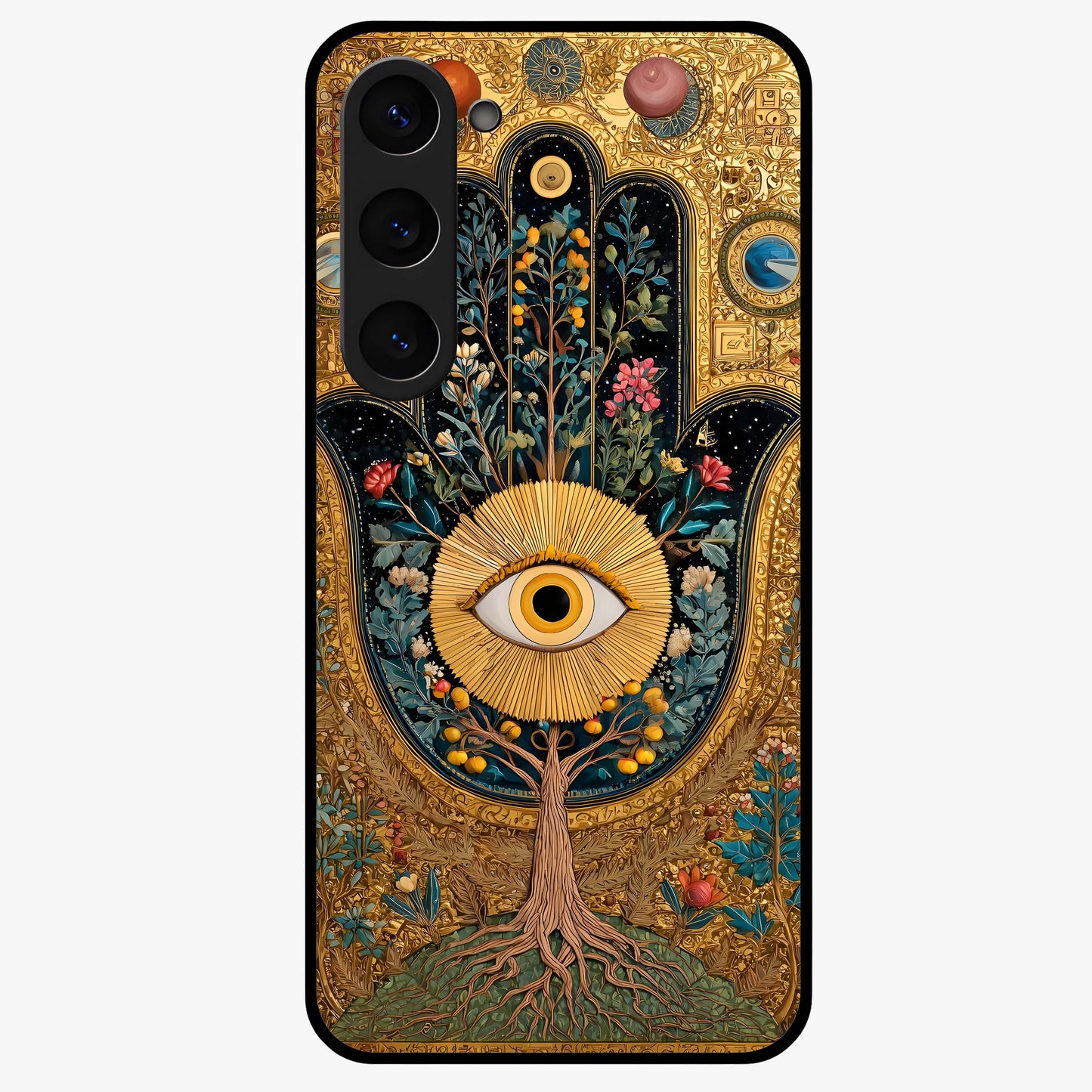 Ethereal Evil Eye Glass Case showing flat back view with mystical evil eye artwork and glossy glass finish.