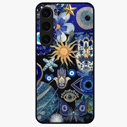 Evil Eye Charm Mix Glass Case showing flat back view with multiple evil eye charms artwork and glossy glass finish.