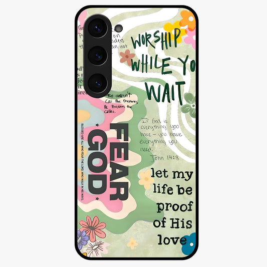 Faith Over Fear Glass Case showing flat back view with motivational typography artwork and glossy glass finish.