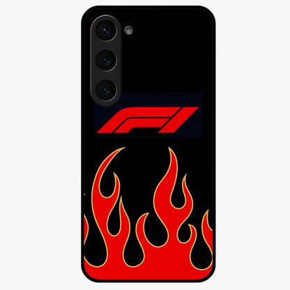 Fire F11 Glass Case showing flat back view with fiery themed artwork and glossy glass finish.