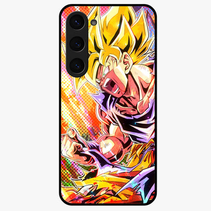 Firing Goku Glass Case showing flat back view with powerful anime inspired artwork and glossy glass finish.