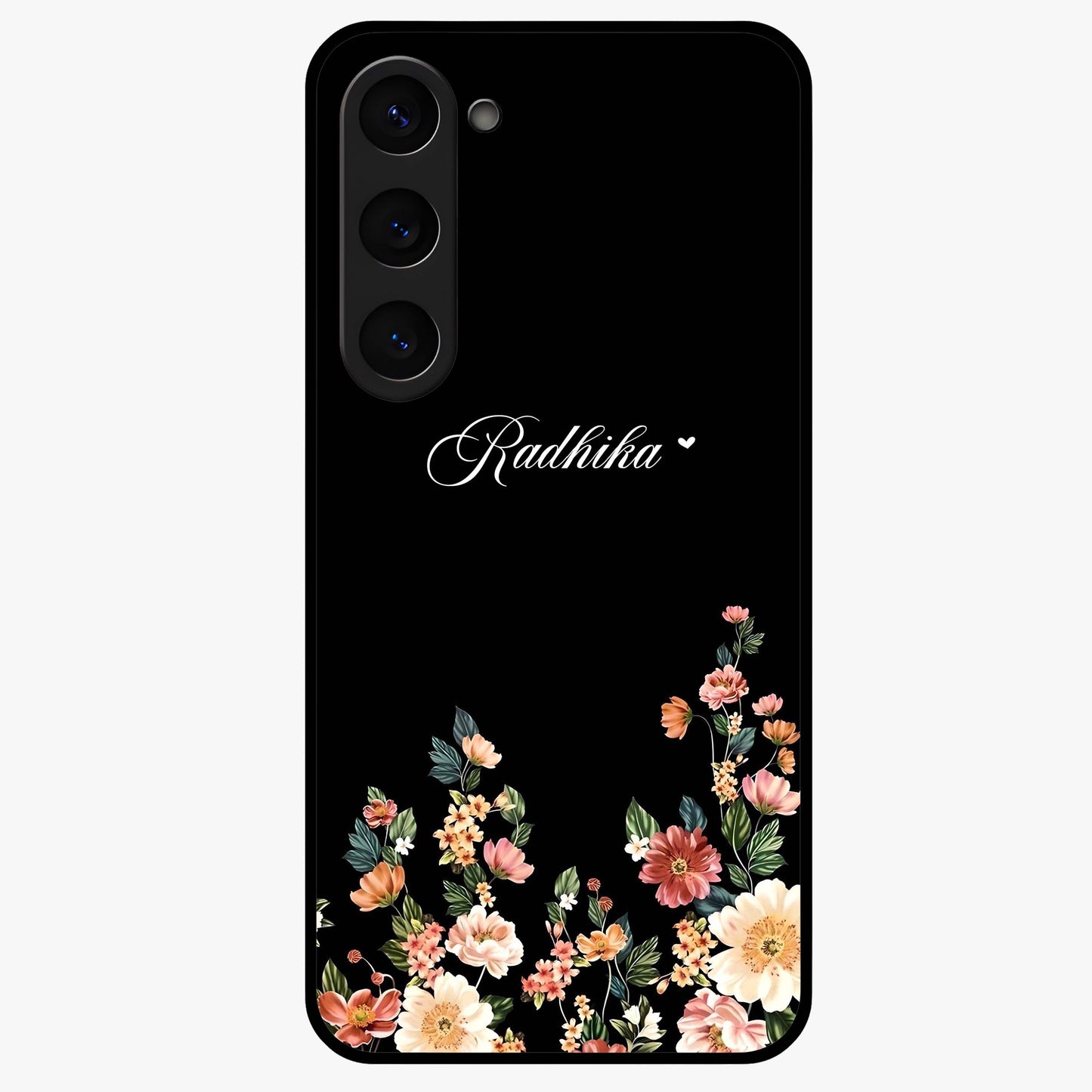 Floral Design With a Custom Personalized Name Glass Case showing flat back view with floral artwork and personalized name design.
