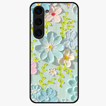 Frosted Petal Garden Glass Case showing flat back view with soft frosted floral artwork and glossy glass finish.