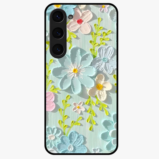 Frosted Petal Garden Glass Case showing flat back view with soft frosted floral artwork and glossy glass finish.