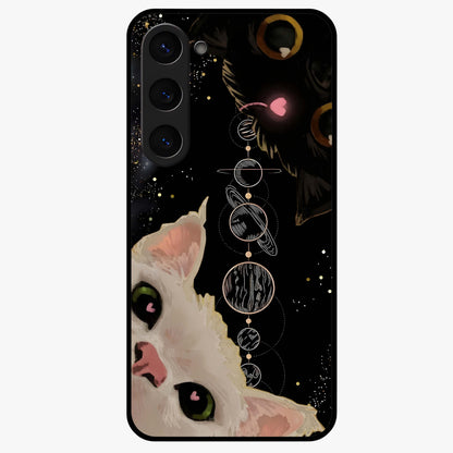 Galactic Cat Glass Case showing flat back view with cosmic cat artwork and glossy glass finish.