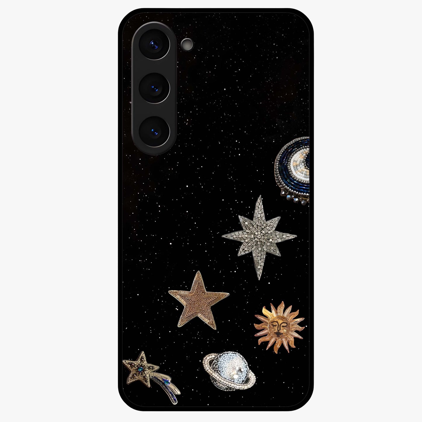 Galactic Charm Glow Glass Case showing flat back view with glowing celestial charm artwork and glossy glass finish.