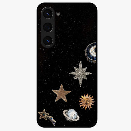 Galactic Charm Glow Glass Case showing flat back view with glowing celestial charm artwork and glossy glass finish.
