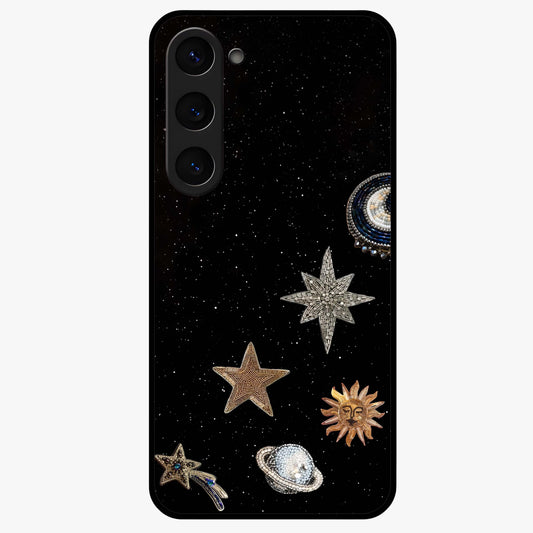 Galactic Charm Glow Glass Case showing flat back view with glowing celestial charm artwork and glossy glass finish.