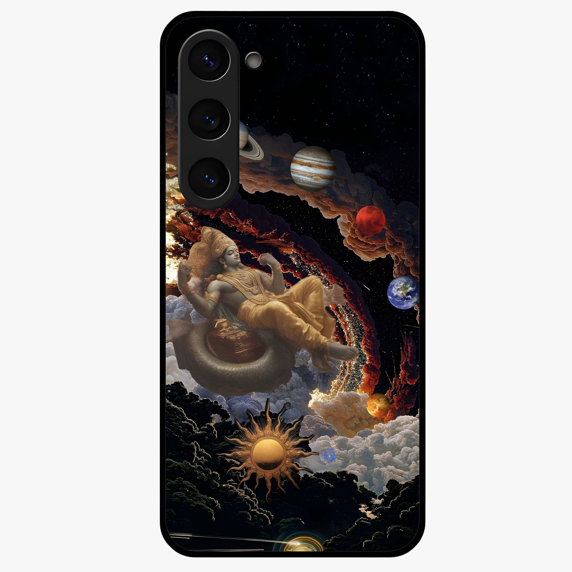 Galactic Divine God Glass Case showing flat back view with divine cosmic themed artwork and glossy glass finish.