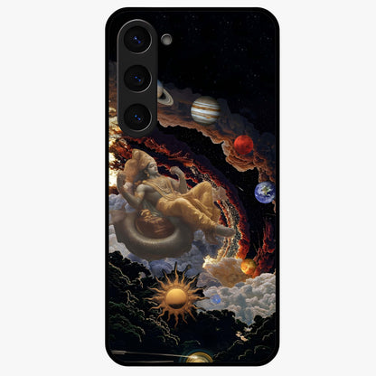 Galactic Divine God Glass Case showing flat back view with divine cosmic themed artwork and glossy glass finish.