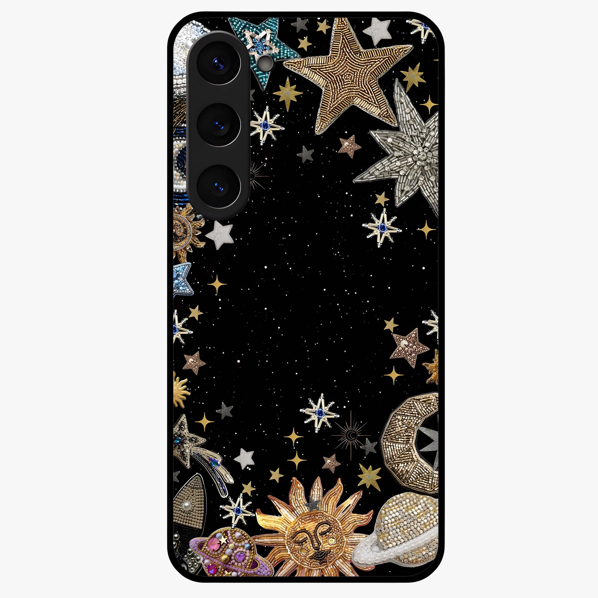 Galactic Jewel Stars Glass Case showing flat back view with sparkling star jewel artwork and glossy glass finish.
