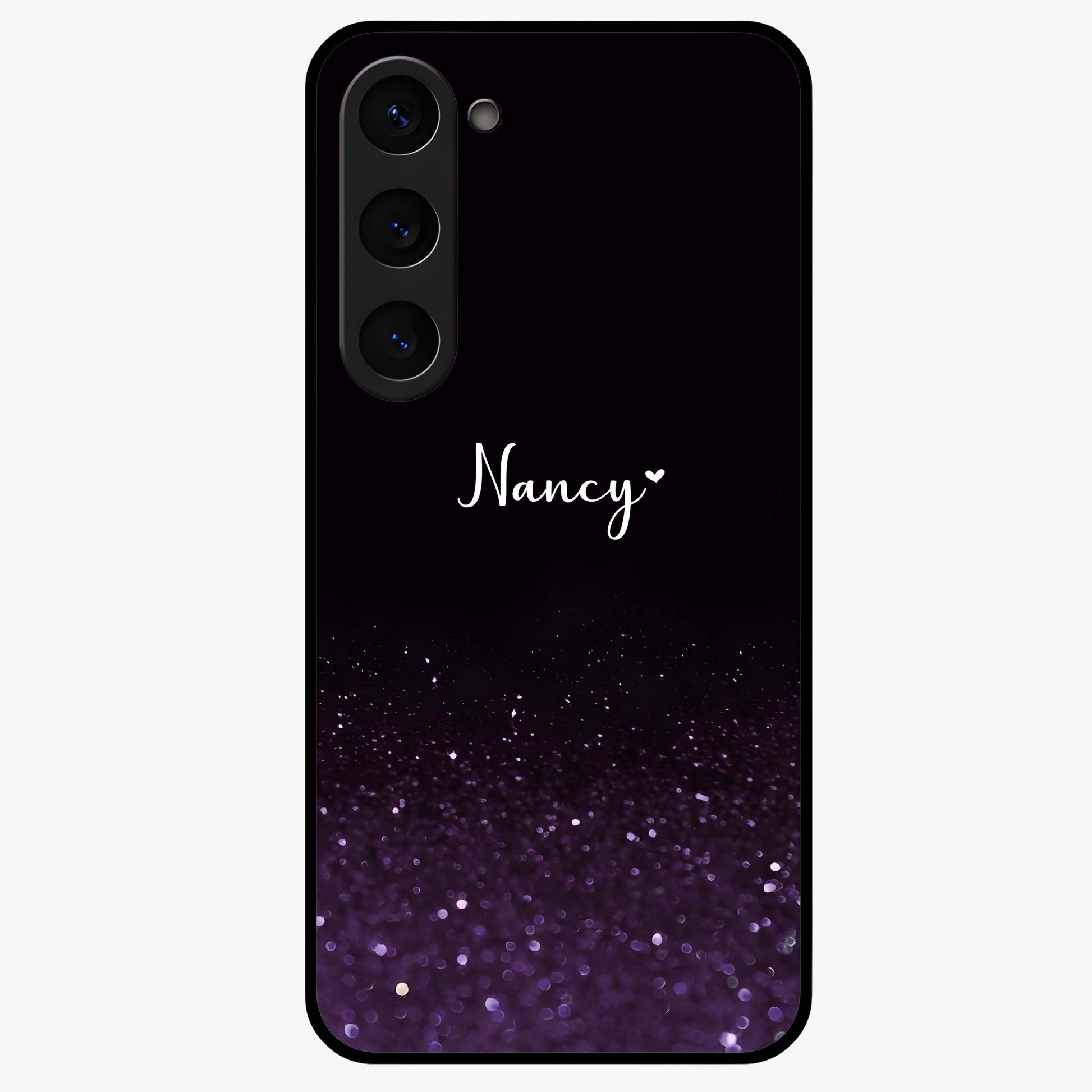 Glittery Purple Bokeh Custom Name Glass Case showing flat back view with purple bokeh sparkle artwork and personalized name design.