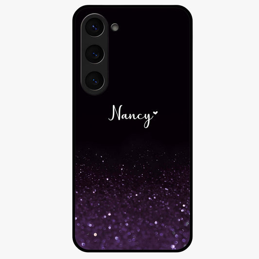 Glittery Purple Bokeh Custom Name Glass Case showing flat back view with purple bokeh sparkle artwork and personalized name design.