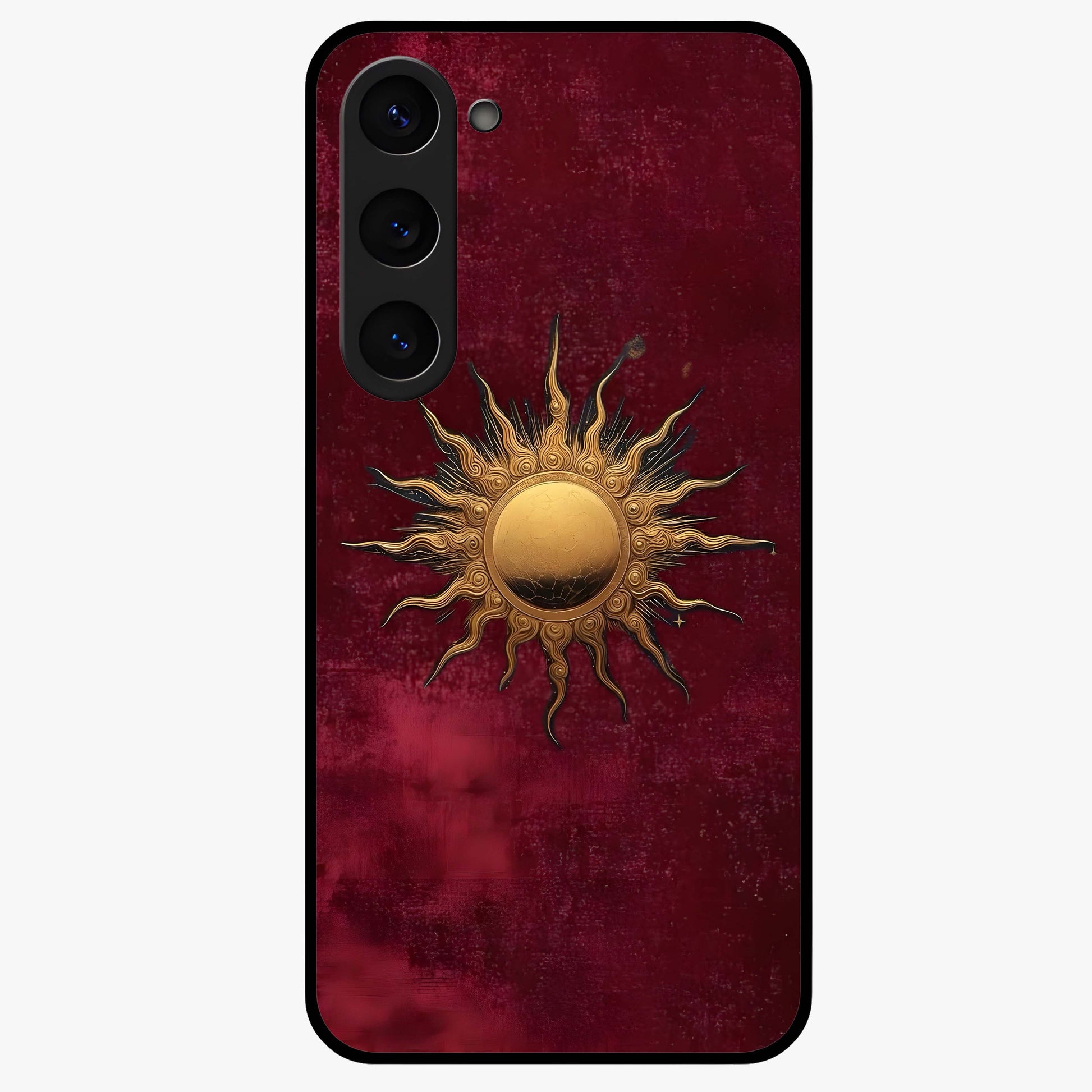 Gold Sun Blush Glass Case showing flat back view with golden sun inspired artwork and glossy glass finish.