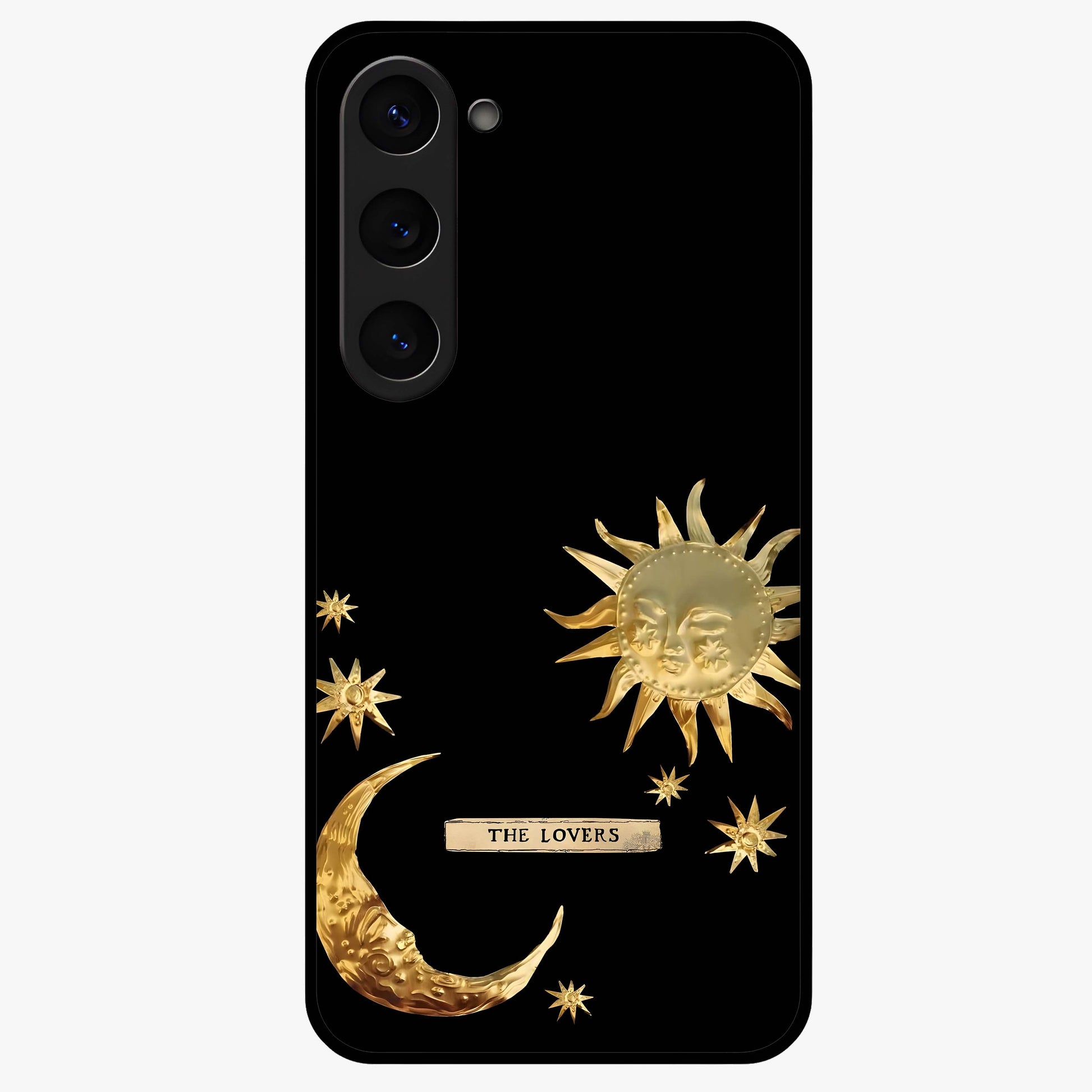 Golden Celestial Charm Glass Case showing flat back view with golden celestial charm artwork and glossy glass finish.