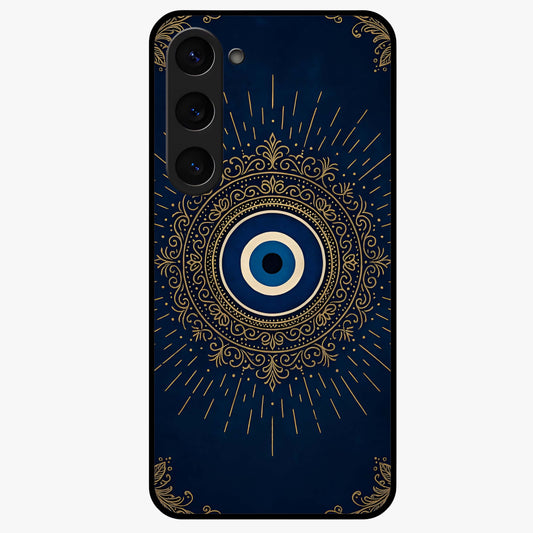 Golden Evil Eye Mandala Glass Case showing flat back view with intricate evil eye mandala artwork and glossy glass finish.