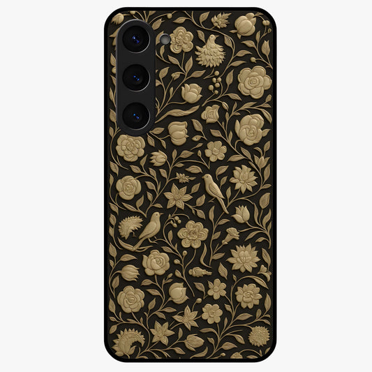 Golden Floral Majesty Glass Case showing flat back view with luxurious golden floral artwork and glossy glass finish.