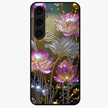 Golden Lotus Glow Glass Case showing flat back view with glowing lotus flower artwork and glossy glass finish.