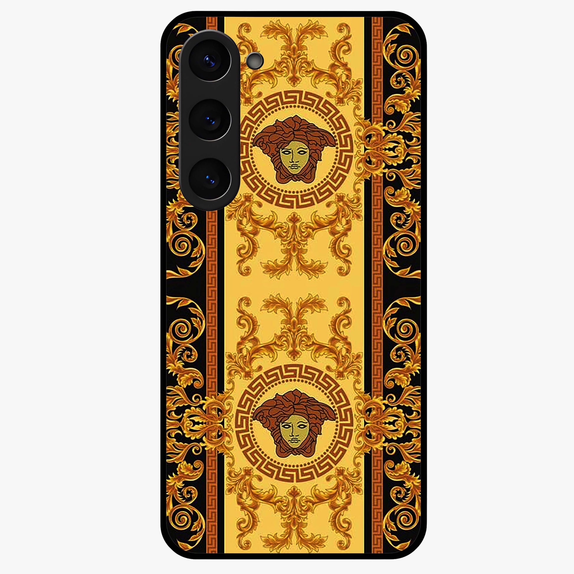 Golden Royal Heritage Glass Case showing flat back view with ornate royal pattern artwork and glossy glass finish.