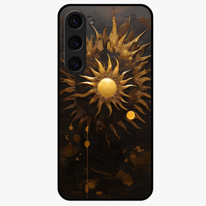 Golden Sun Majesty Glass Case showing flat back view with radiant golden sun artwork and glossy glass finish.