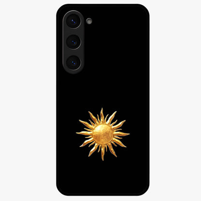 Golden Sun Minimalism Glass Case showing flat back view with minimal golden sun artwork and glossy glass finish.