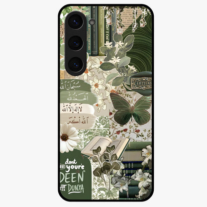 Green Islamic Books Quotes Glass Case showing flat back view with Islamic quotes and book themed artwork and glossy glass finish.