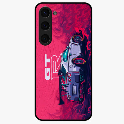GT-R Car Pattern Glass Case showing flat back view with sporty car inspired pattern artwork and glossy glass finish.