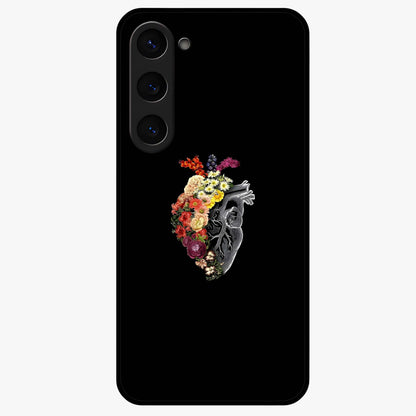 Heart With Flowers Glass Case showing flat back view with heart shaped floral artwork and glossy glass finish.